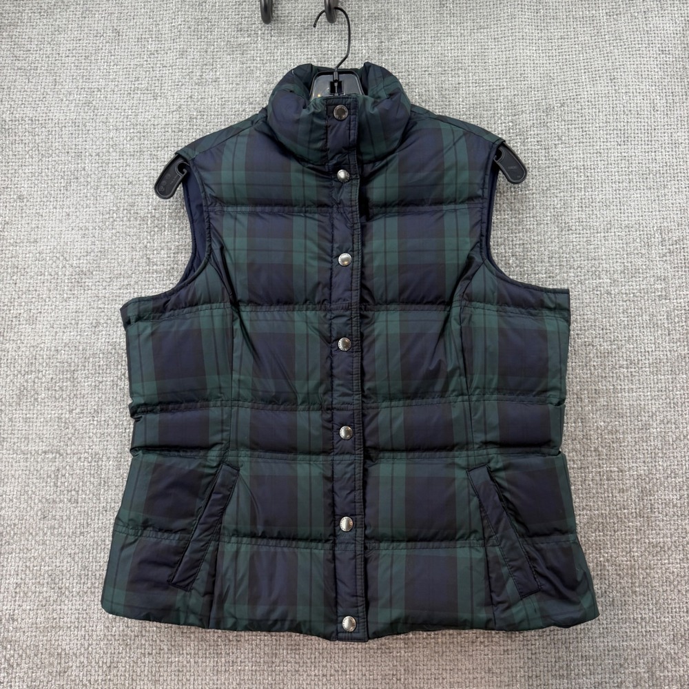 Lands' End Down Vest Women S 6-8 Green Blue Black Watch Plaid Outdoor Pockets‎